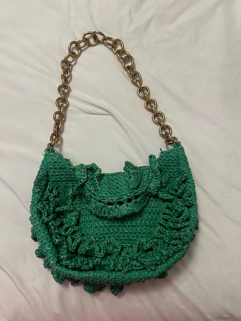 Zara Emerald Green Crochet Shoulder Bag with Gold Chain